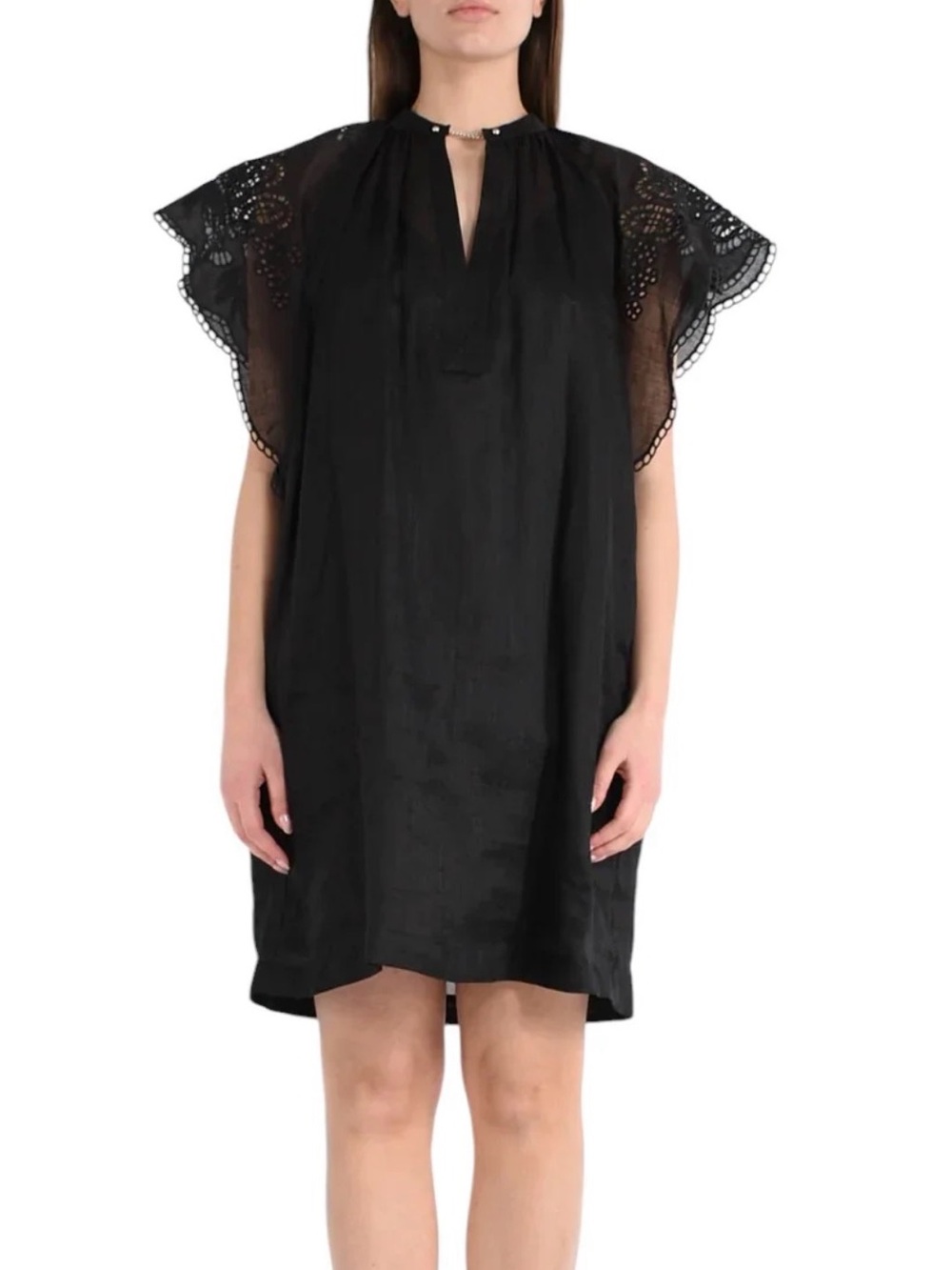 MaxMara Black Sheer Eyelet Flutter-Sleeve Shift Dress